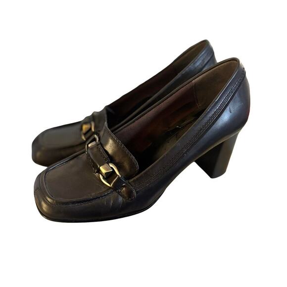 Y2K VTG. 2000'S BLACK LEATHER BUCKLE LOAFERS HEELS SZ. 6-6.5 LIZ CLAIBORNE. - Picture 3 of 8